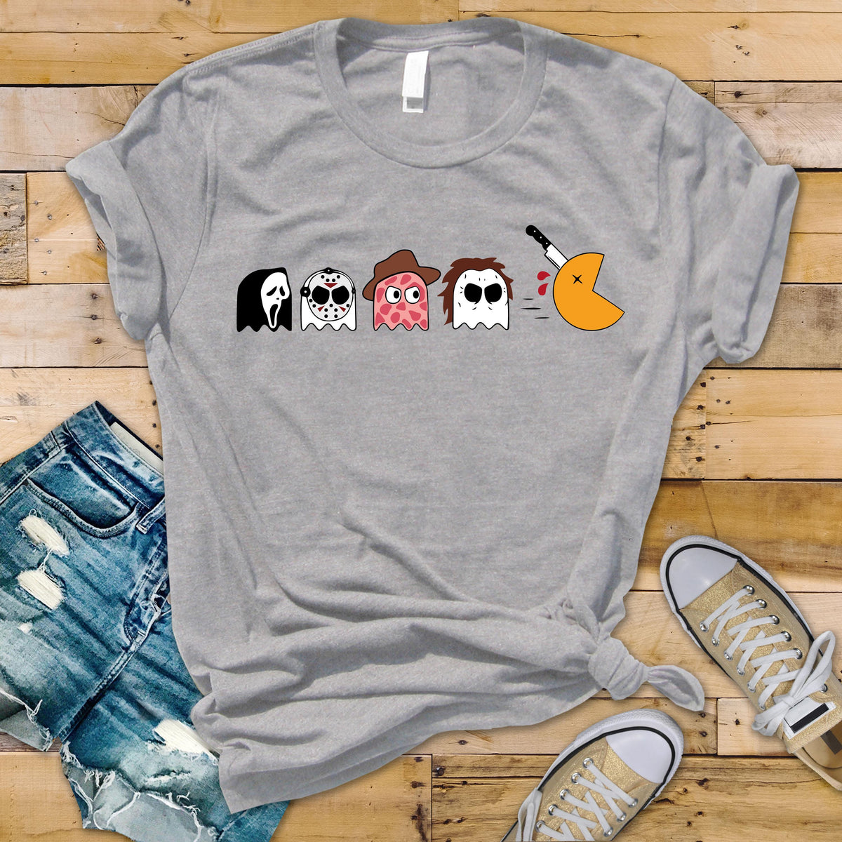 Horror Characters Bella Canvas Tee – Funny Ghost Chase Design