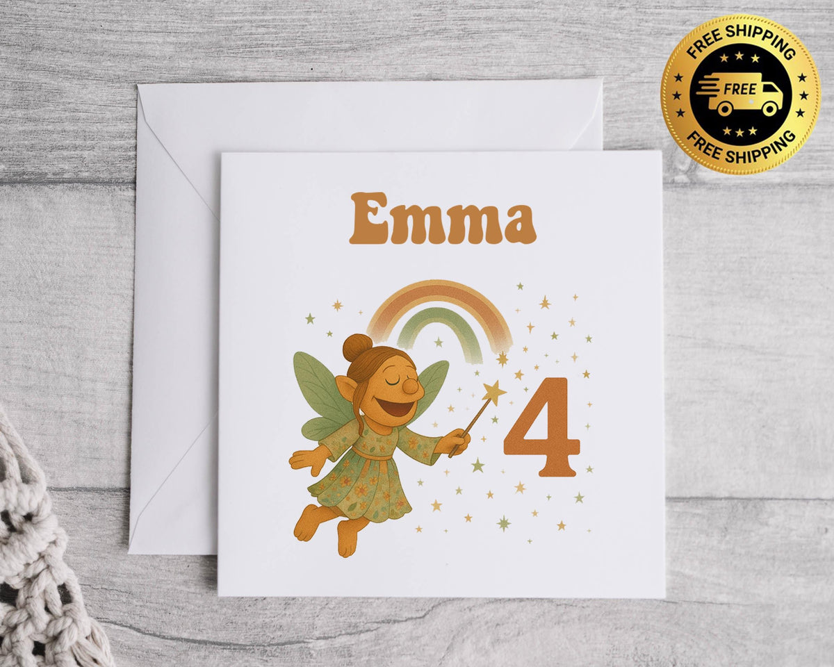 Personalised Kids 4th Birthday Card: Fairy Design - Fast UK Shipping