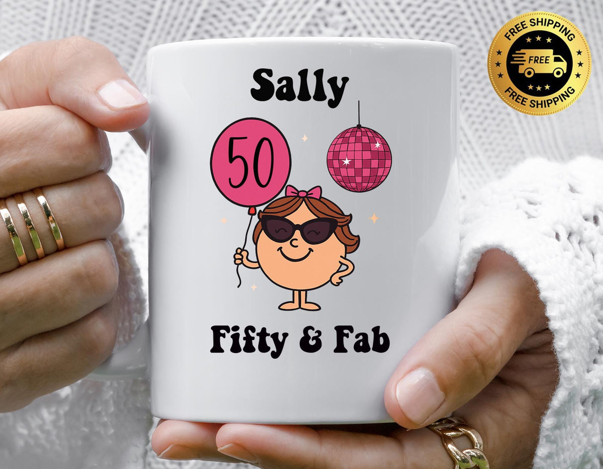 Personalised 50th Birthday Mug: 50 & Fab Pink Disco Design - Fast Tracked UK Shipping