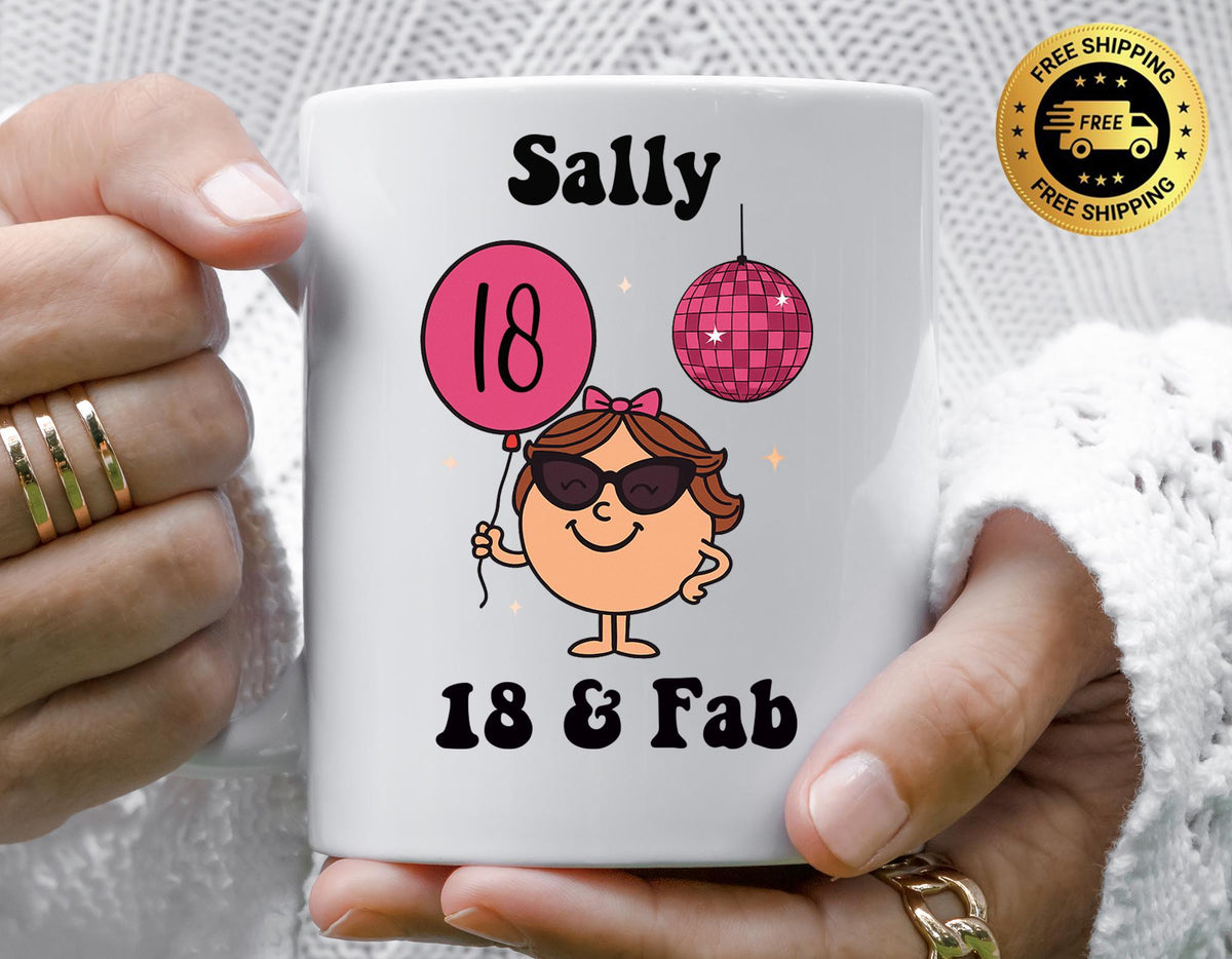 Personalised 18th Birthday Mug: 18 & Fab Disco Theme - Fast Tracked UK Shipping