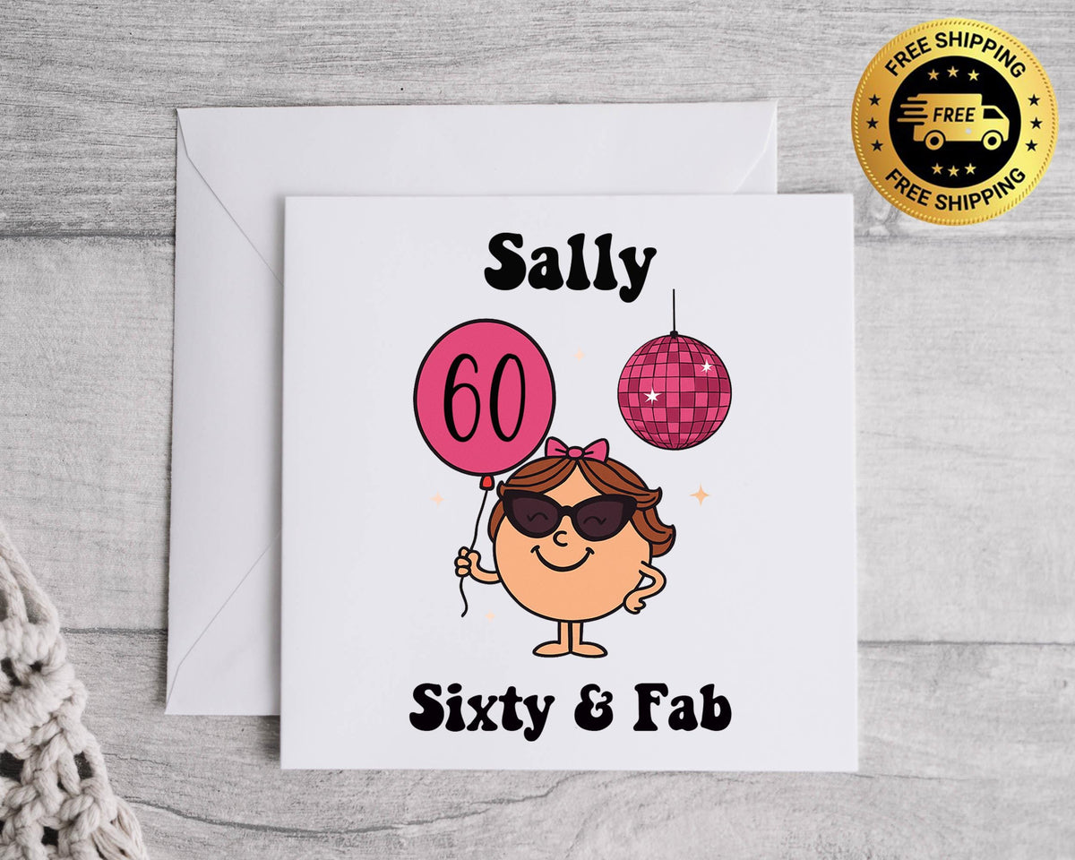 Personalised 60th Birthday Card: Sixty & Fab Pink Disco Print -Fast UK Shipping