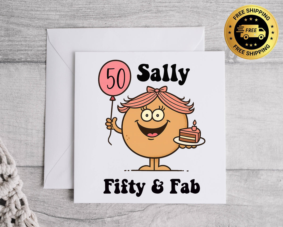 Personalised 50th Birthday Card: Fifty & Fab Cake Design - Fast UK Postage