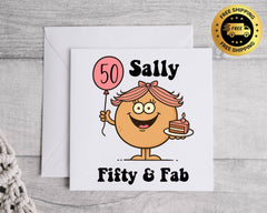 Personalised 50th Birthday Card: Fifty & Fab Cake Design - Fast UK Postage