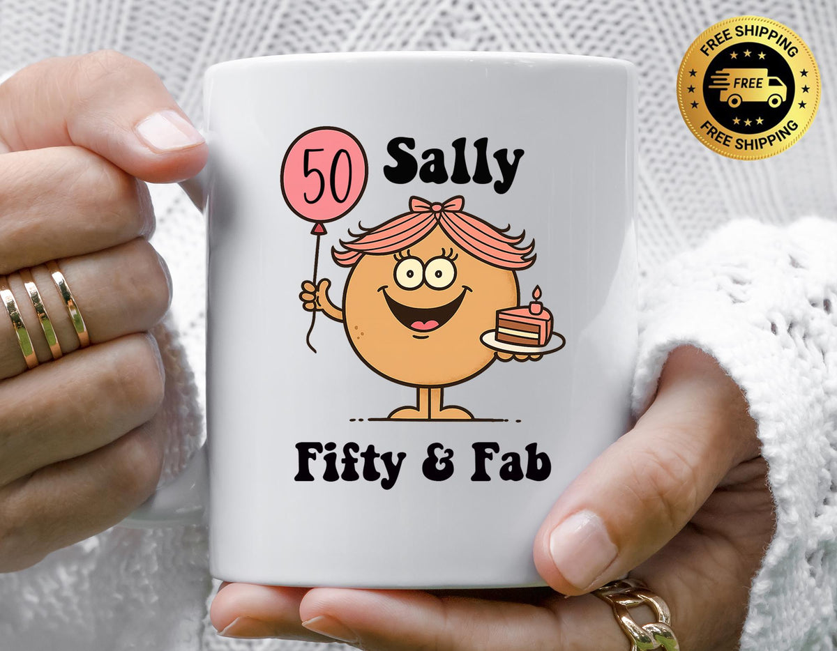 Personalised 50th Birthday Mug: 50 & Fab Cake Design - Fast Tracked UK Shipping