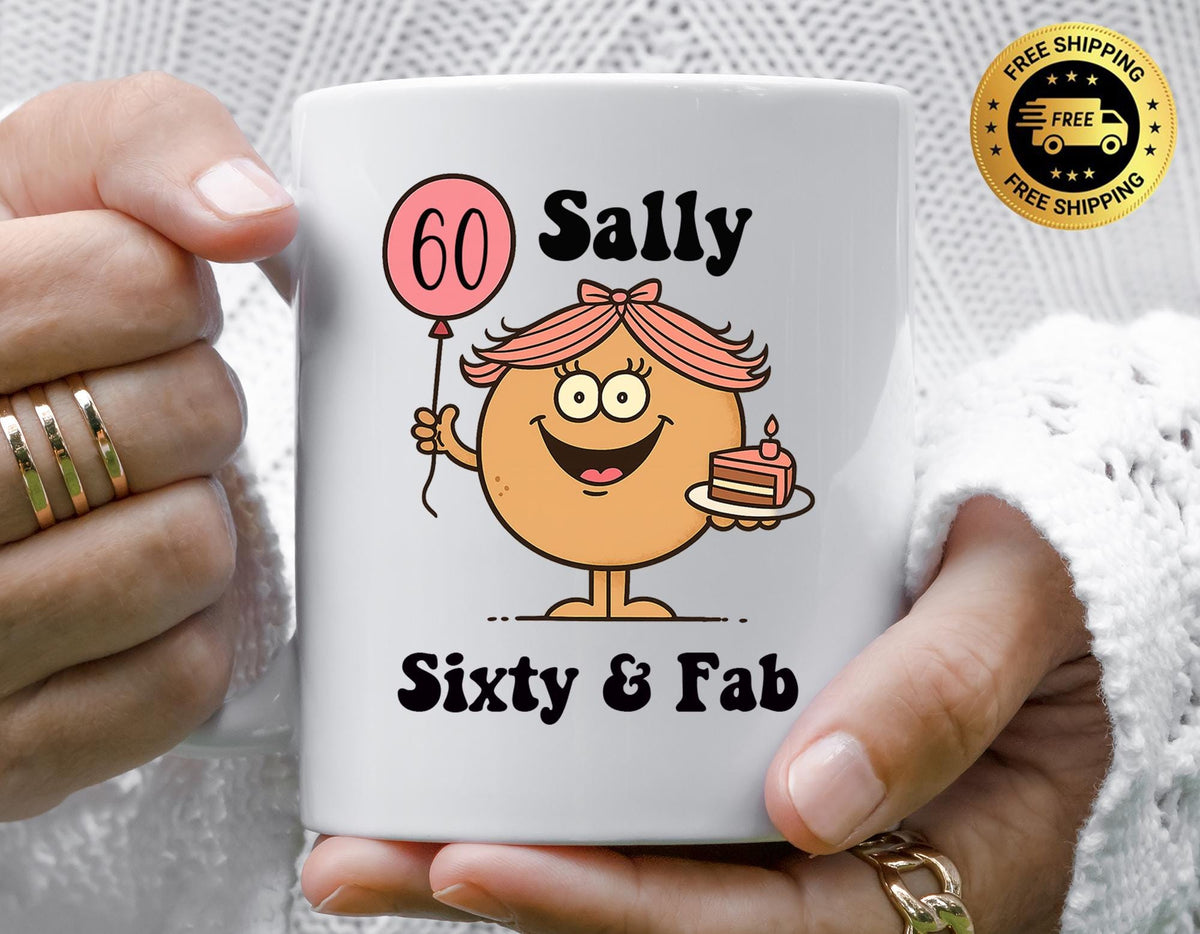 Personalised Ladies 60th Birthday Mug, Sixty & Fab Cake Design - Fast Tracked UK Post!