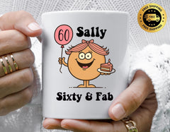 Personalised Ladies 60th Birthday Mug, Sixty & Fab Cake Design - Fast Tracked UK Post!