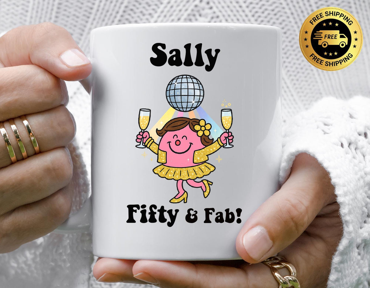 Personalised 50th Birthday Mug: 50 & Fab Cheers Design - Fast Tracked UK Shipping