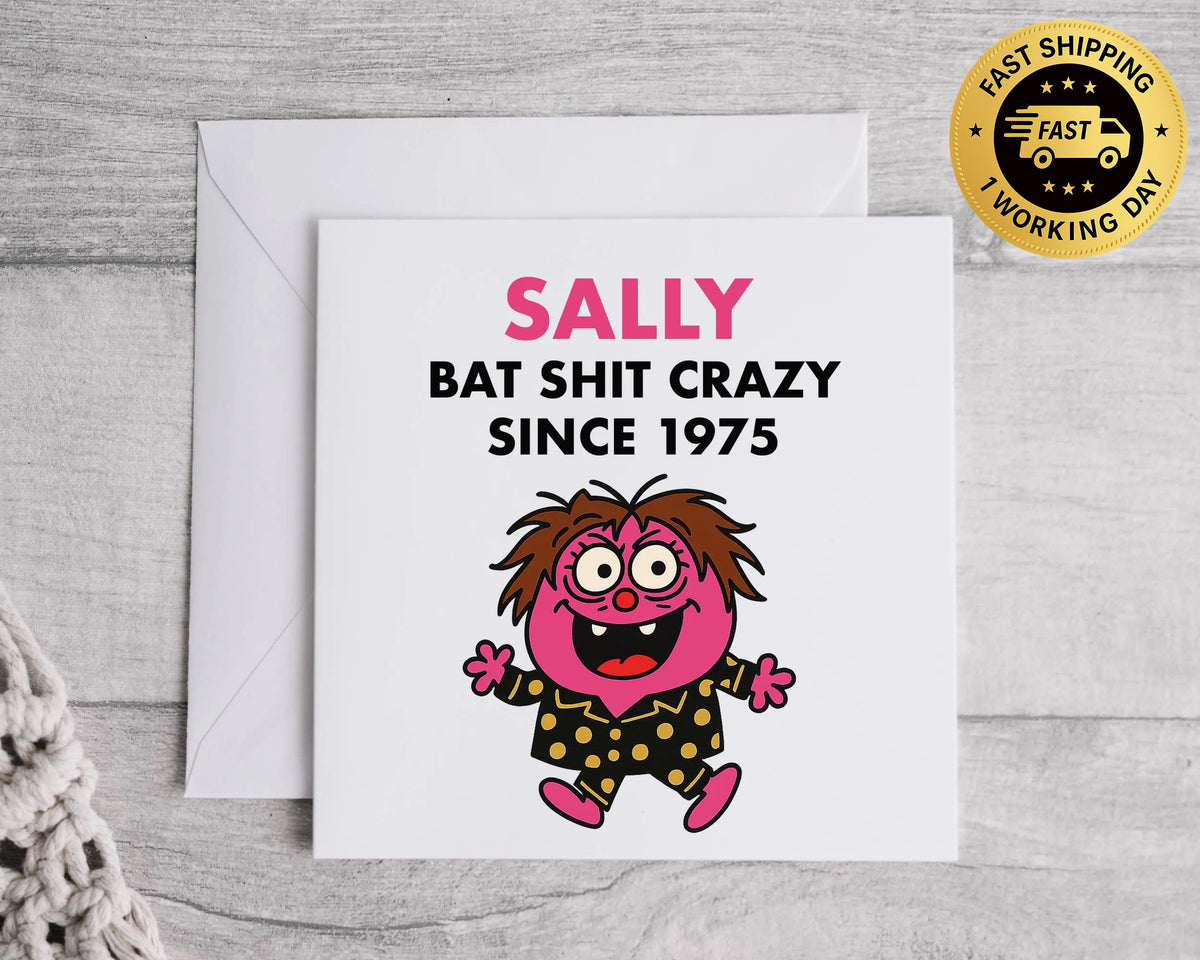 Customisable 50th Birthday Card for Women – Bat Shit Crazy Design with Custom Name