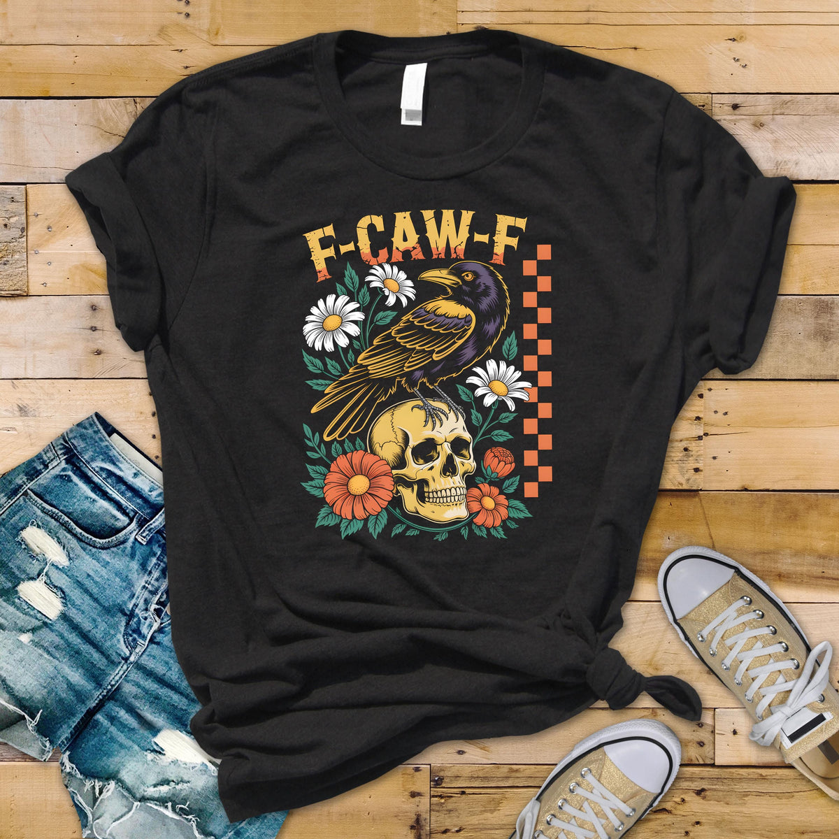 F-Caw-F Black Crow Flowers Skull Unisex Graphic Tee: Tracked UK Shipping