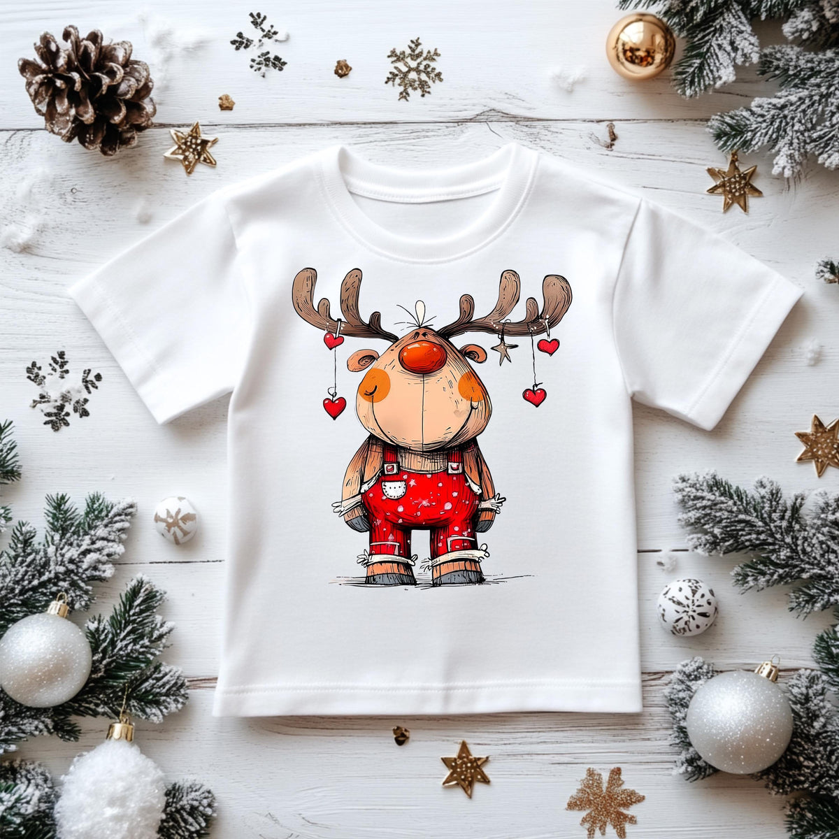 Kids Christmas Shirt: Reindeer Hearts - Gildan Heavyweight Cotton