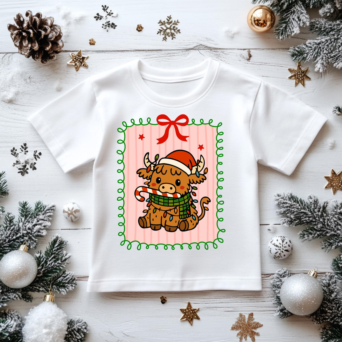 Kids Christmas Shirt: Highland Cow Cartoon Bow - Gildan Heavyweight Cotton
