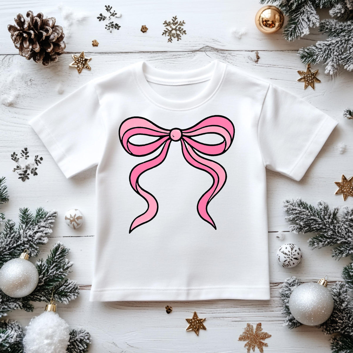 Kids Christmas Shirt: Xmas Pink Coquette Bow - Gildan Heavyweight Cotton