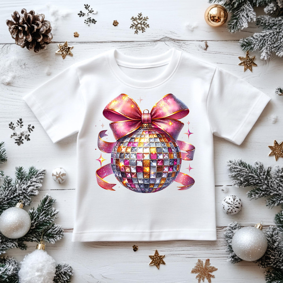 Kids Christmas Shirt: Xmas Disco Ball Bow - Gildan Heavyweight Cotton