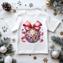 Kids Christmas Shirt: Xmas Disco Ball Bow - Gildan Heavyweight Cotton