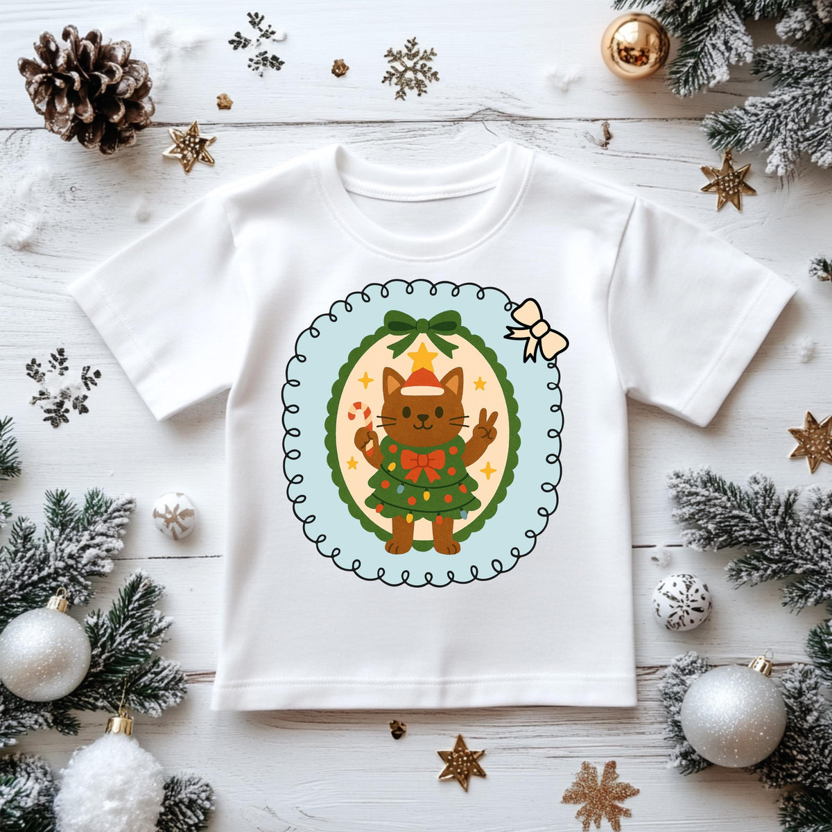 Kids Christmas Shirt: Xmas Tree Cat Bow - Gildan Heavyweight Cotton
