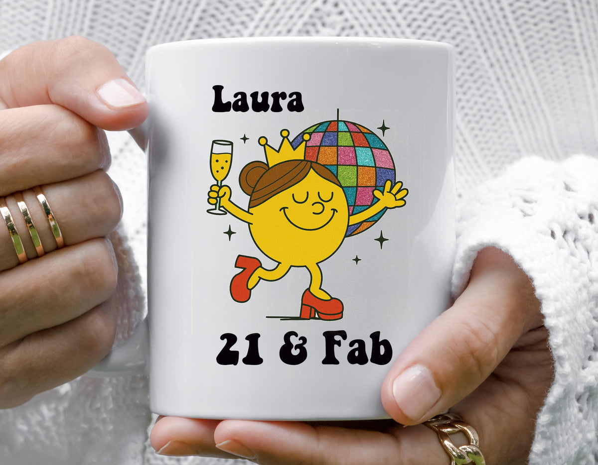Personalised 21st Birthday Mug - 21 & Fab Disco Design - Fast Tracked UK Shipping