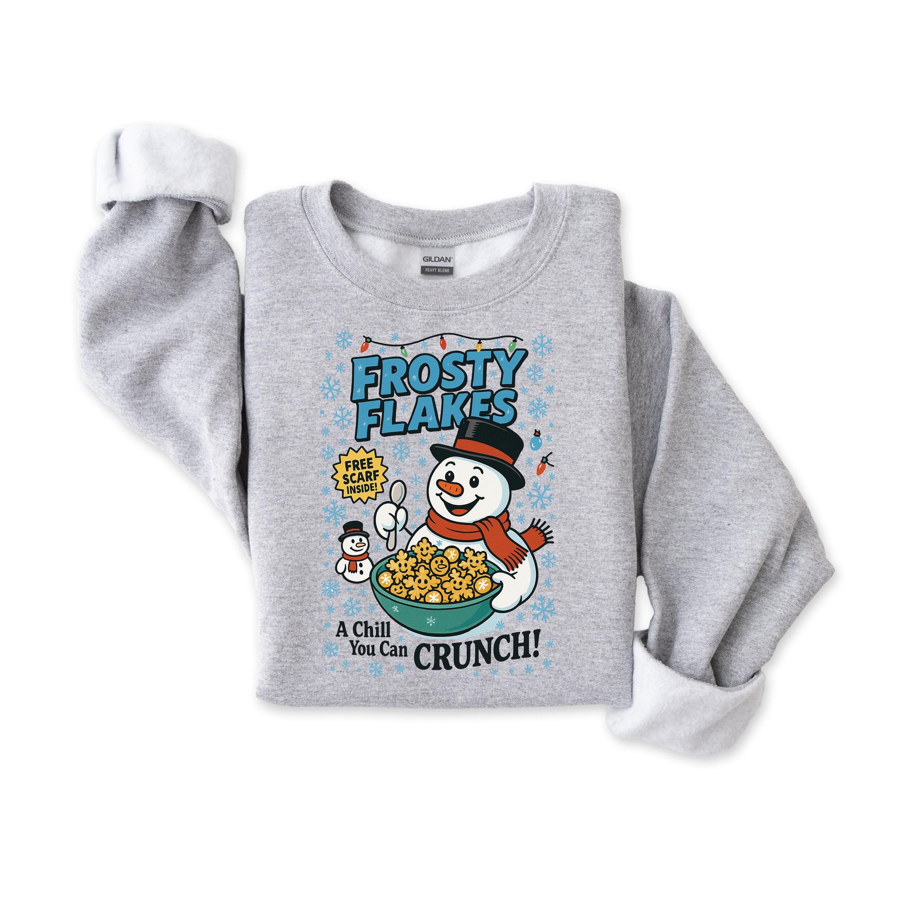 Frosty Flakes Christmas Sweatshirt: Gildan Heavyweight Blend, Fast Tracked Post