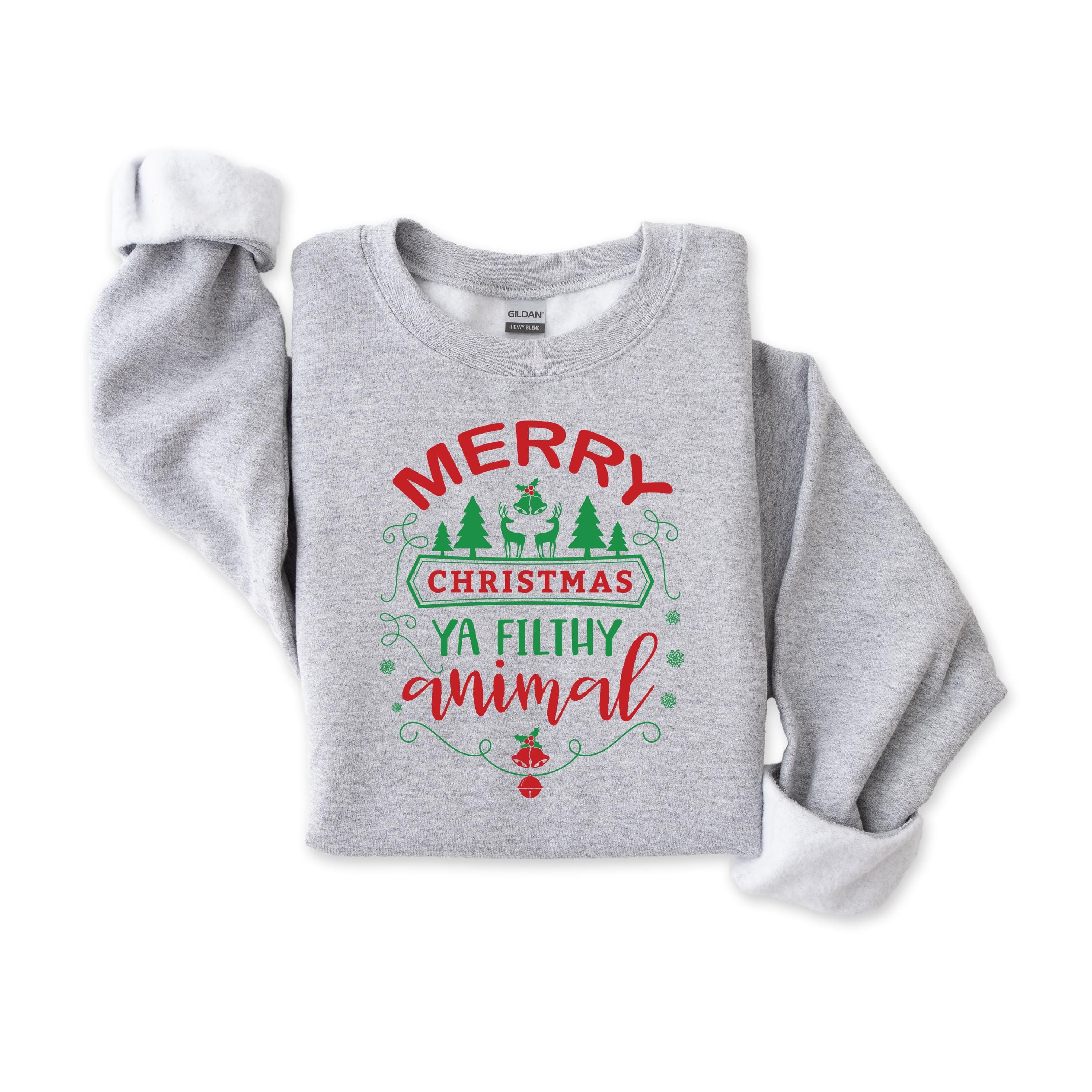 Merry Christmas You Filthy Animal Sweatshirt: Xmas Jumper - Sand Colour Gildan Heavyweight