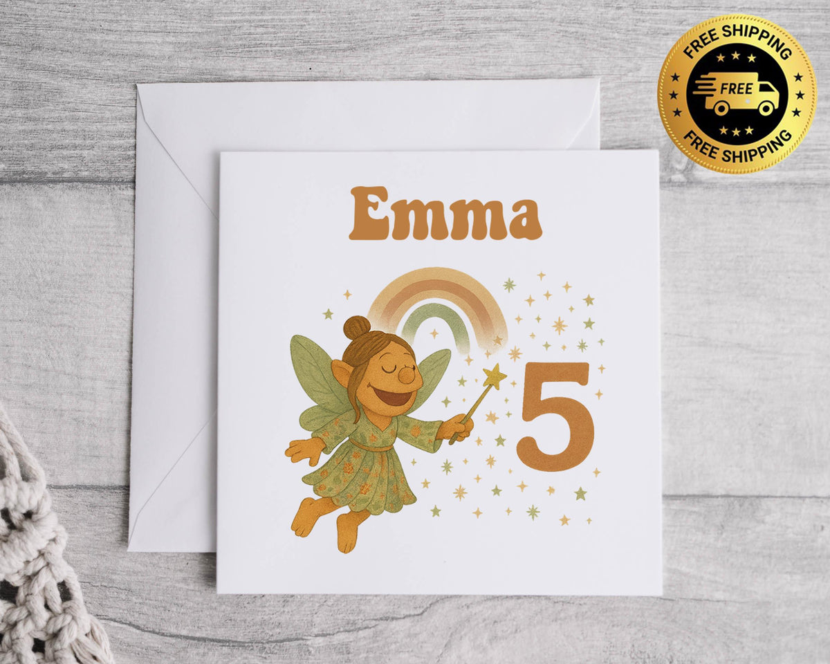 Personalised Kids 5th Birthday Card: Fairy Design - Fast UK Shipping