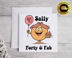 Customisable 40th Birthday Card for Women – Forty & Fab Cake Design with Custom Name