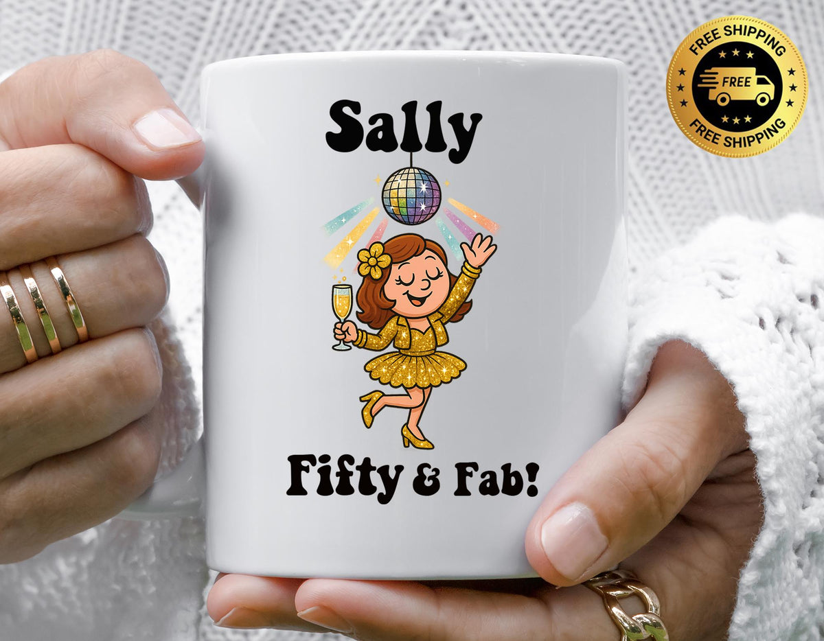 Personalised 50th Birthday Mug: 50 & Fab Disco Champagne - Fast Tracked UK Shipping