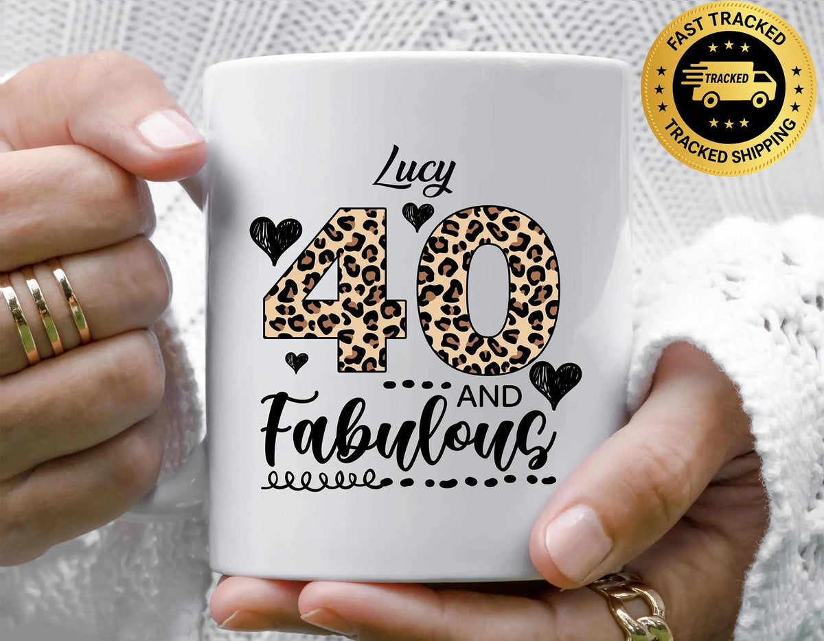 Personalized 40th Birthday Mug: 40 & Fab Leopard Print, Fast Tracked Post