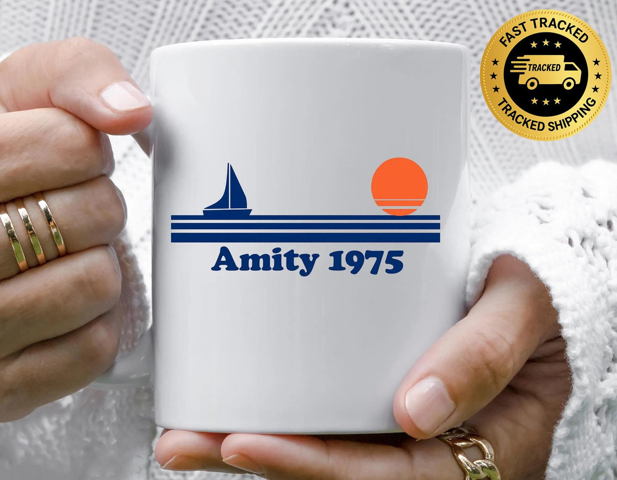 Movie Parody Mug: Amity Island Sunset Design - Fast UK Tracked Postage