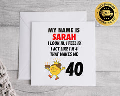 Personalized 40th Birthday Card, 'Look 18' Design