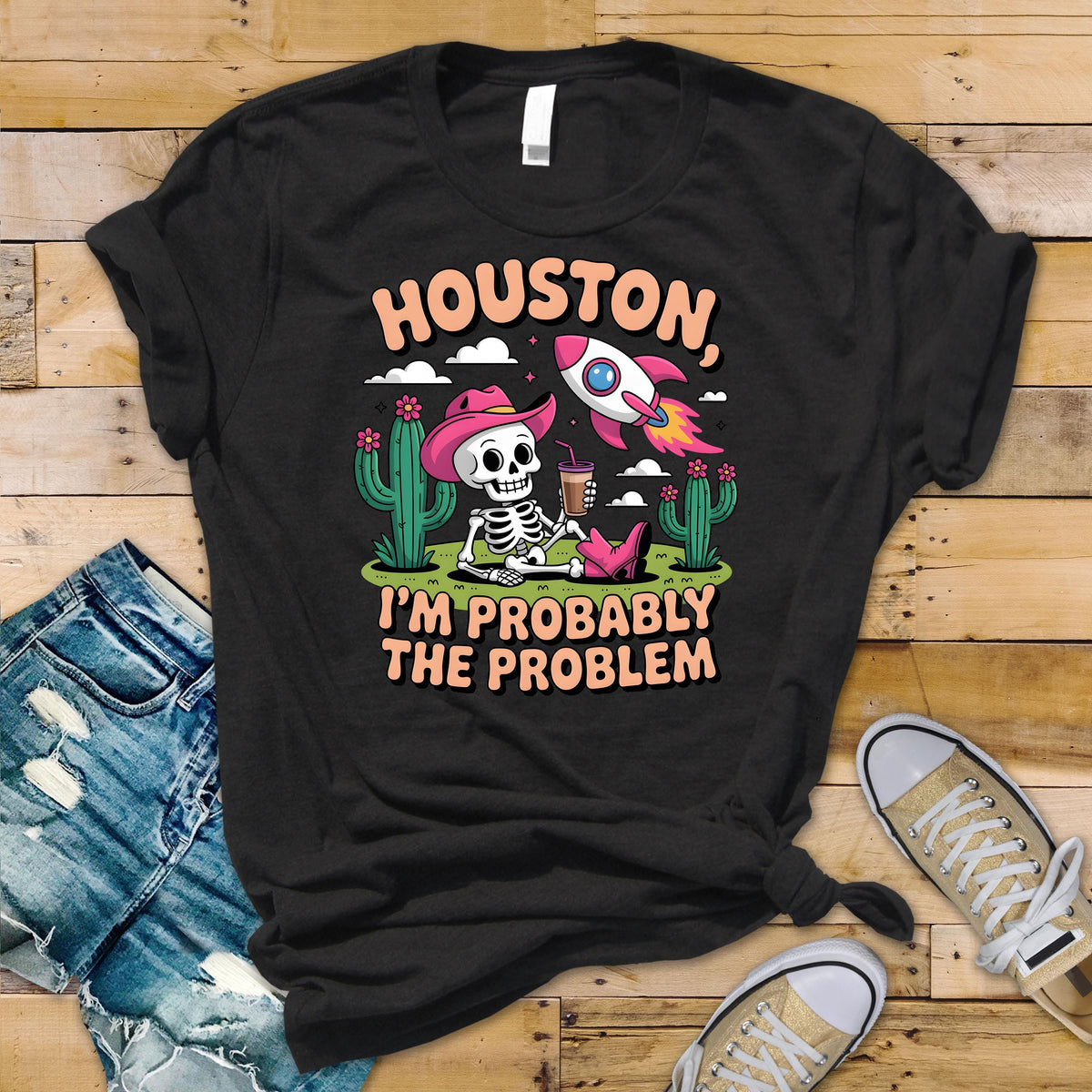 Houston I'm Probably the Problem Skeleton Funny Unisex Graphic Tee: Tracked UK Shipping