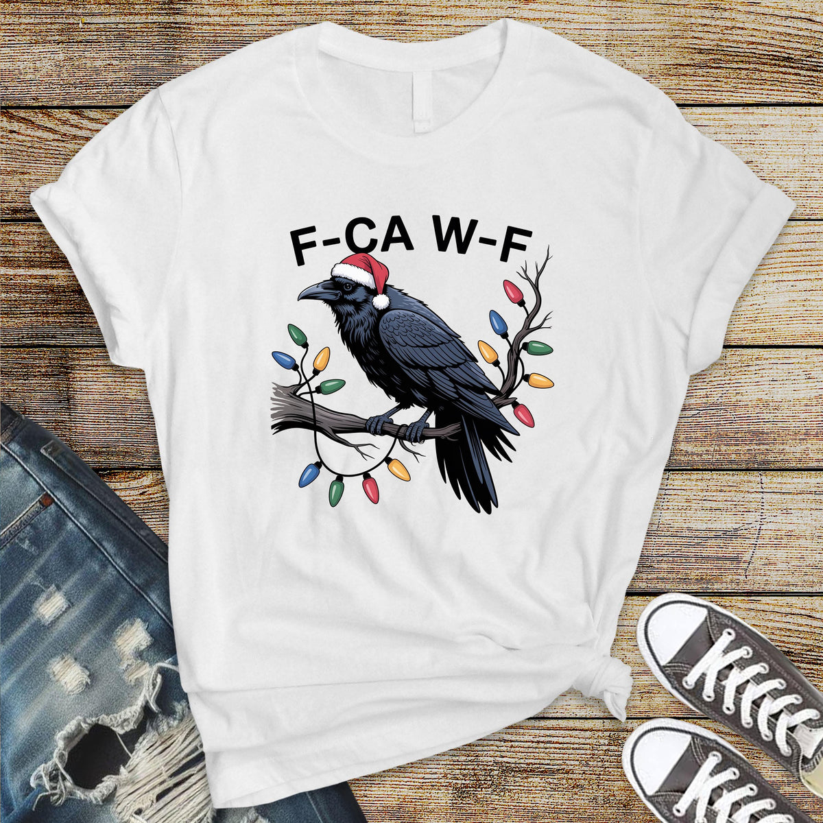 F-Caw-F Black Crow Xmas Lights- Christmas Unisex Graphic Tee: Tracked UK Shipping