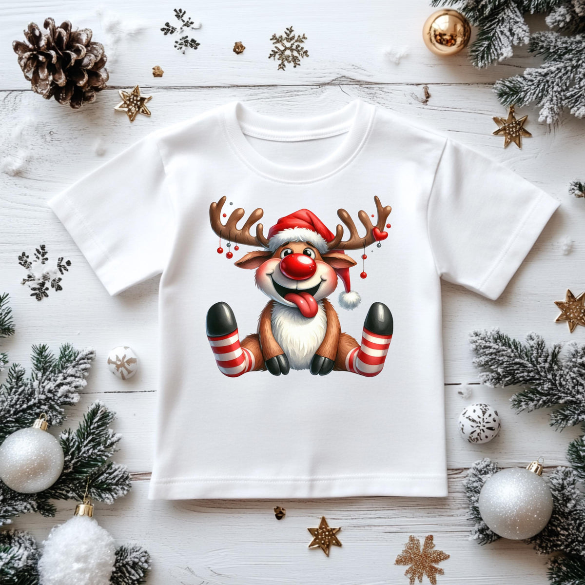 Kids Christmas Shirt: Reindeer Santa Hat - Gildan Heavyweight Cotton