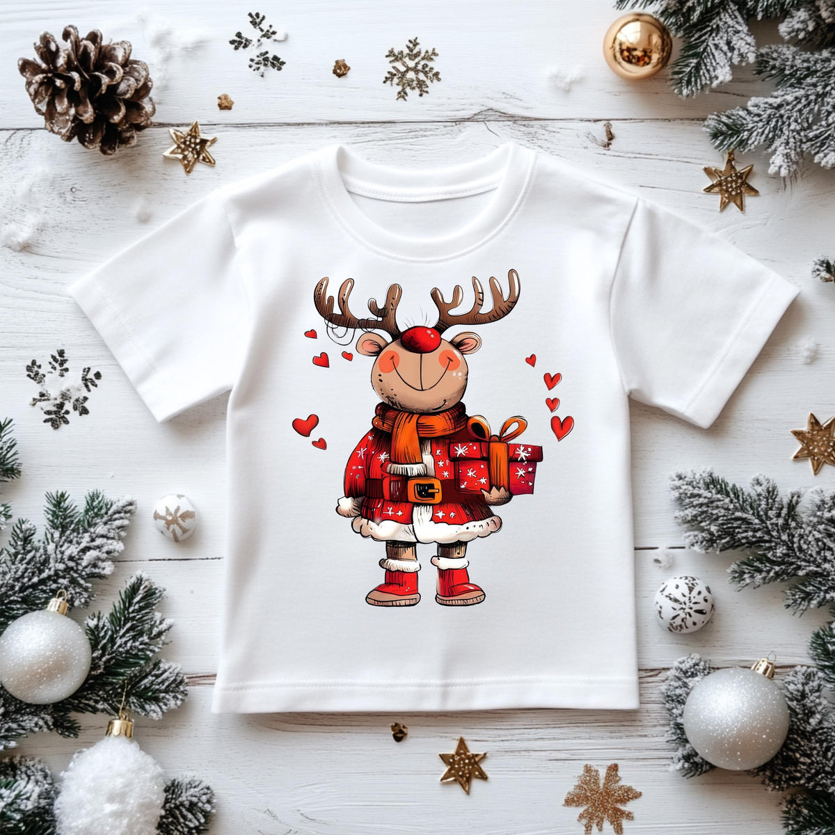 Kids Christmas Shirt: Reindeer Hearts Present - Gildan Heavyweight Cotton