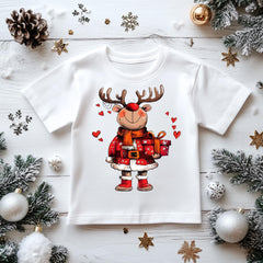Kids Christmas Shirt: Reindeer Hearts Present - Gildan Heavyweight Cotton