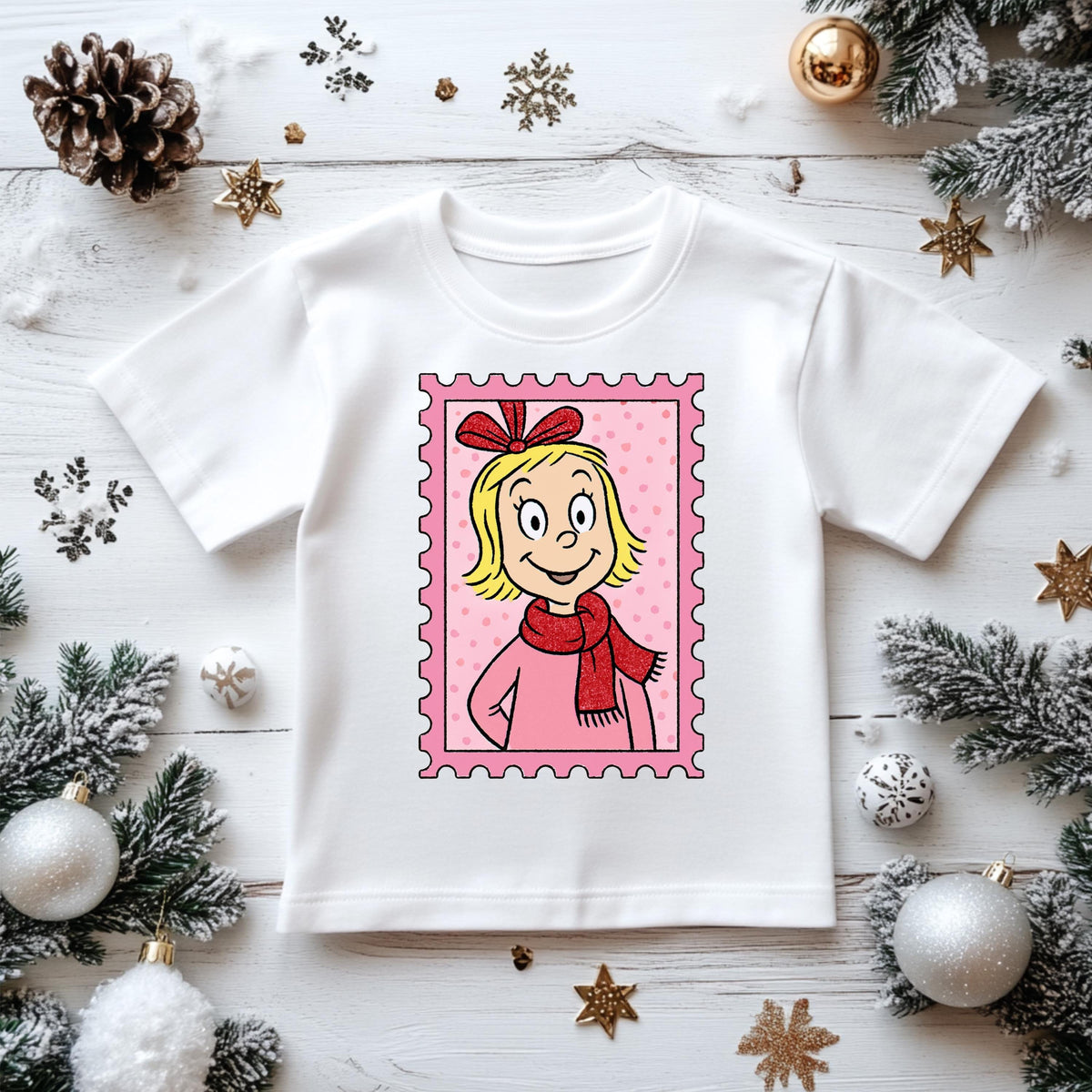 Kids Christmas Shirt: Xmas Pink Postage Stamp - Gildan Heavyweight Cotton
