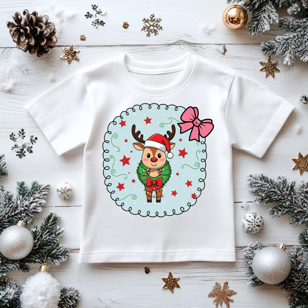 Kids Christmas Shirt: Xmas Cartoon Reindeer Bow - Gildan Heavyweight Cotton