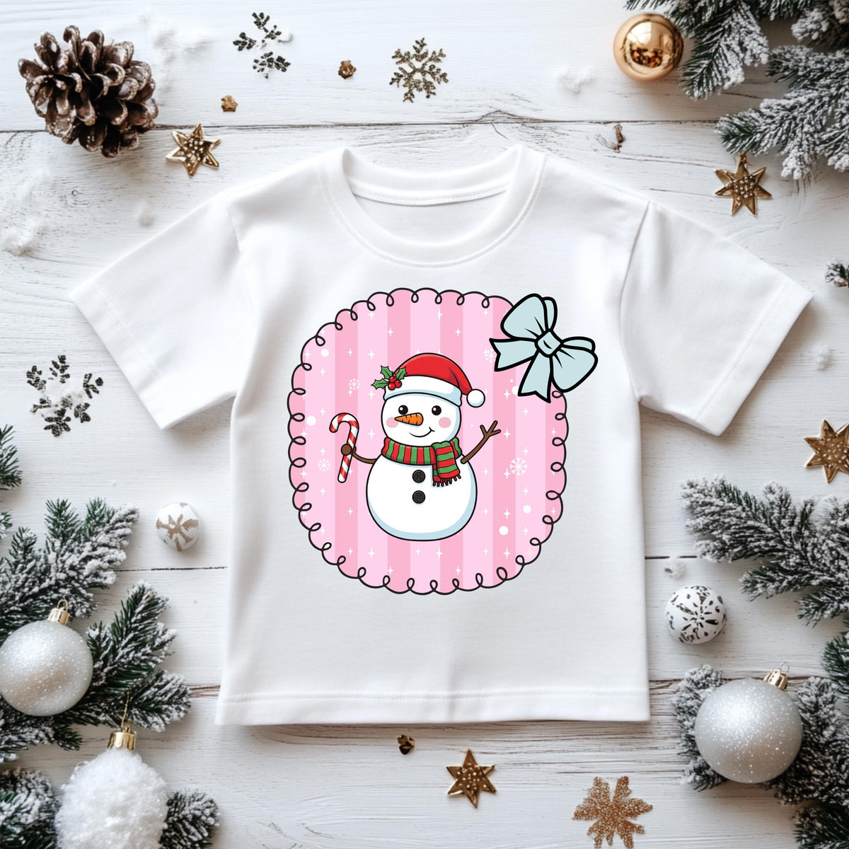 Kids Christmas Shirt: Xmas Cartoon Snowman Bow - Gildan Heavyweight Cotton
