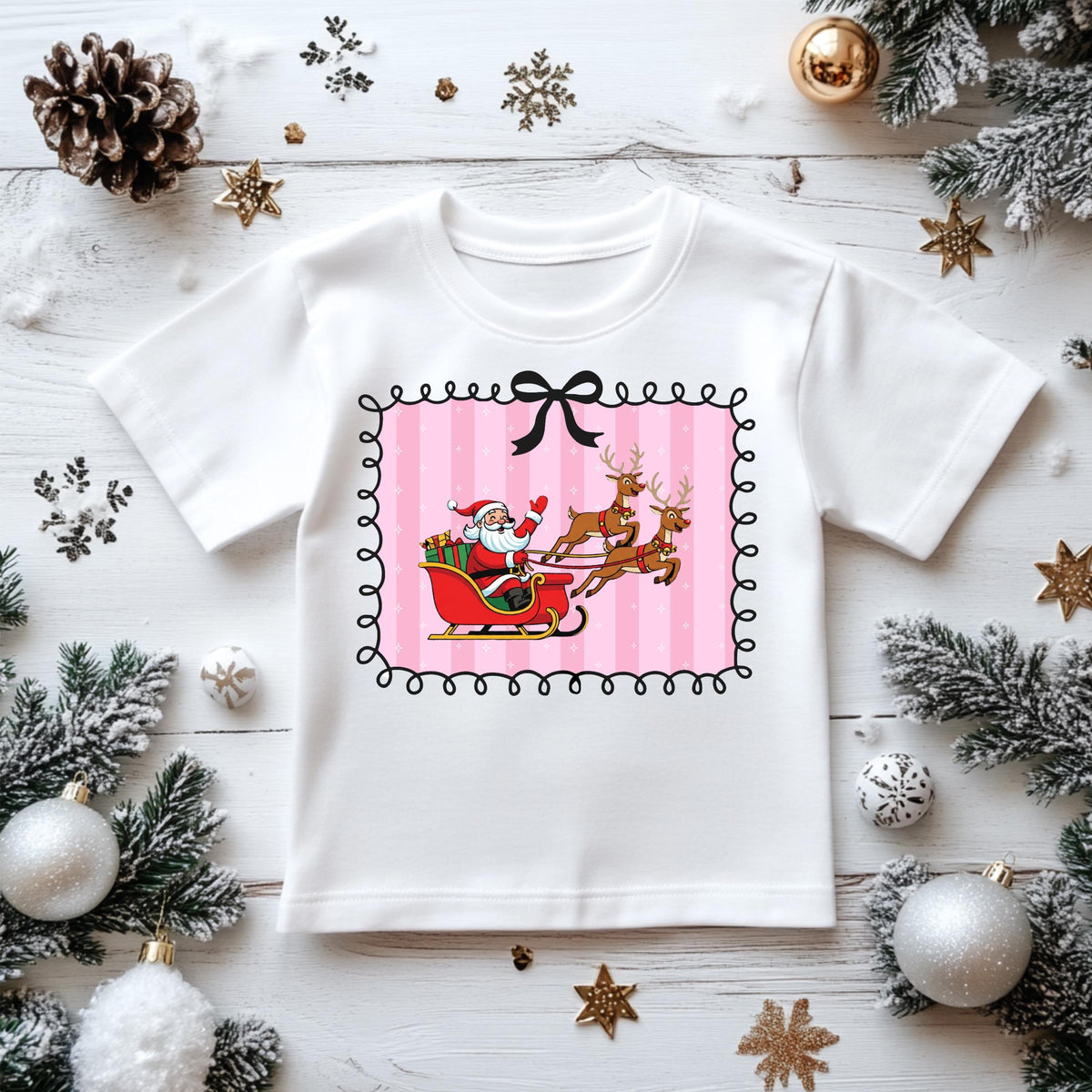 Kids Christmas Shirt: Xmas Santa Sleigh Bow - Gildan Heavyweight Cotton