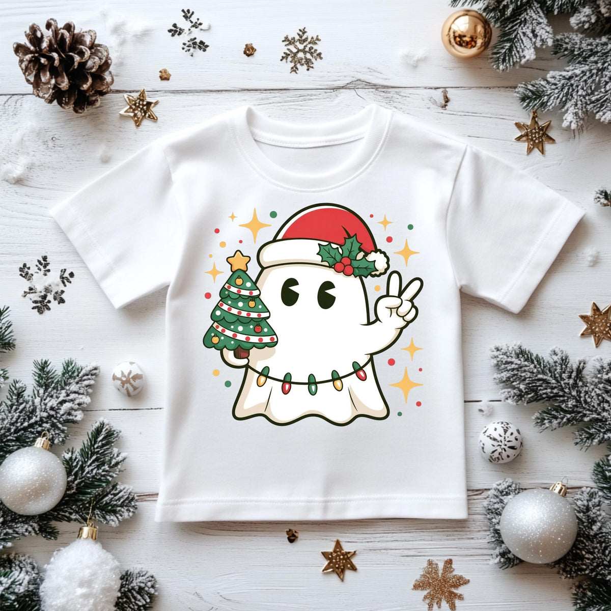 Kids Christmas Shirt: Xmas Ghost & Tree - Gildan Heavyweight Cotton