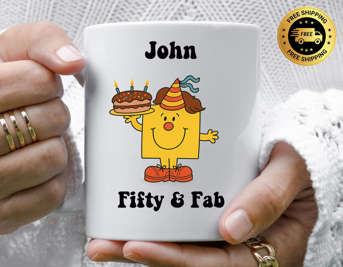 Personalised 50th Birthday Mug: Men's 50 & Fab Design - Fast Tracked UK Shipping