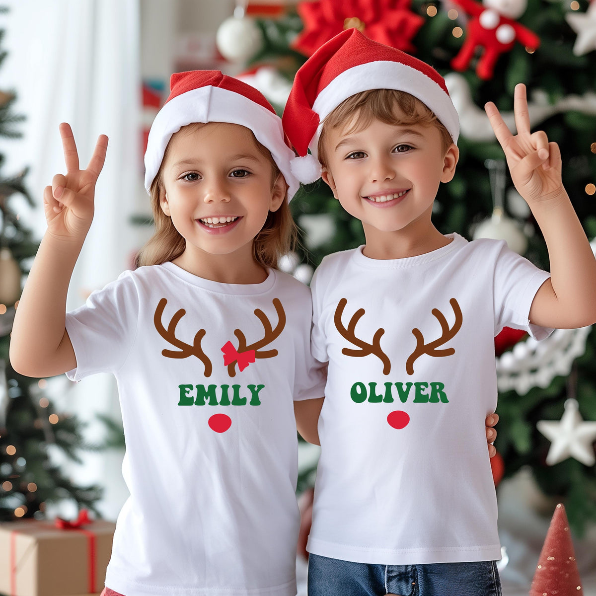 Kids Christmas Shirt: Rudolph Reindeer Christmas Antlers - Custom Name