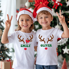 Kids Christmas Shirt: Rudolph Reindeer Christmas Antlers - Custom Name