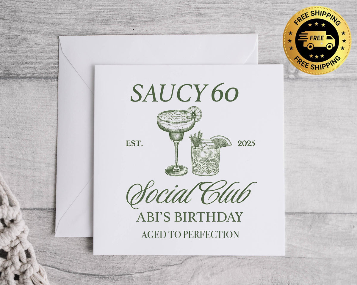 Personalised Ladies 60th Birthday Card, Saucy 60 Social Club Design