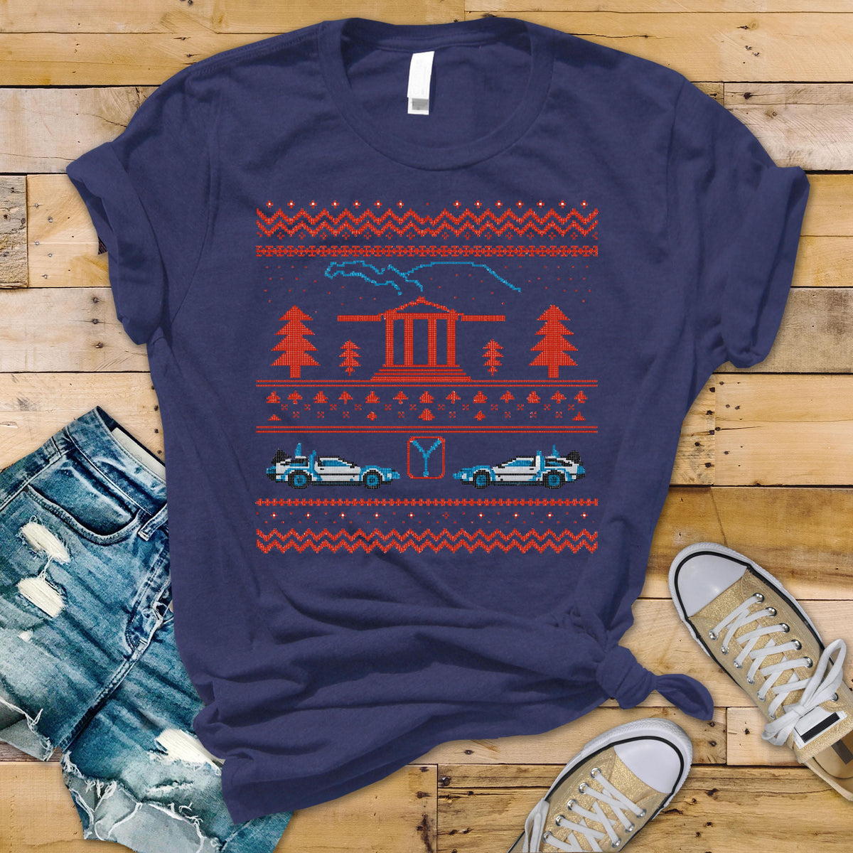 Christmas T-Shirt - BTTF 40th Anniversary Fair Isle 80s Movie Design