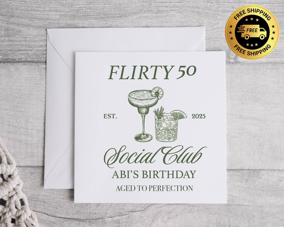 Personalised 50th Birthday Card For Her: Flirty 50 Social Club Design