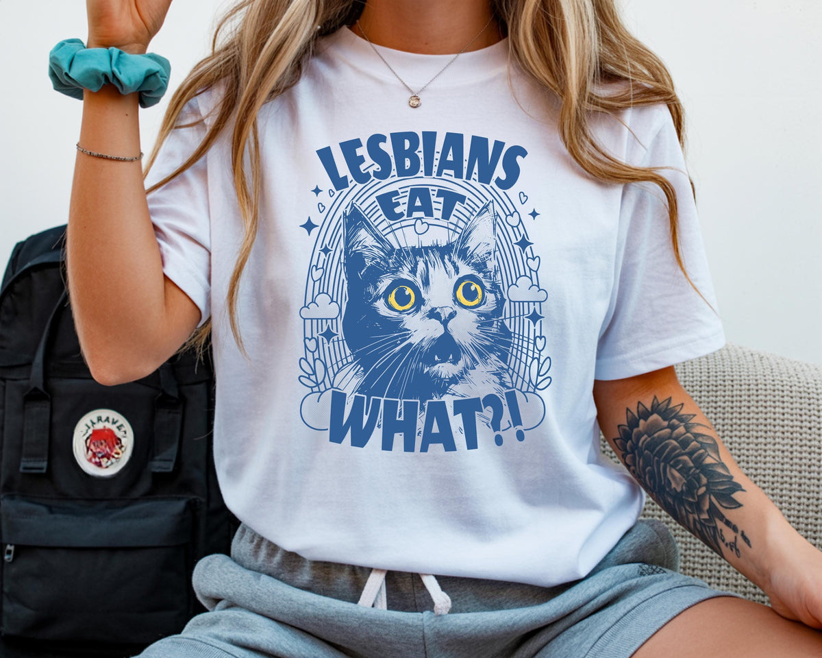 Funny Pride Month T-Shirt: Lesbians Eat What Cat Graphic Tee