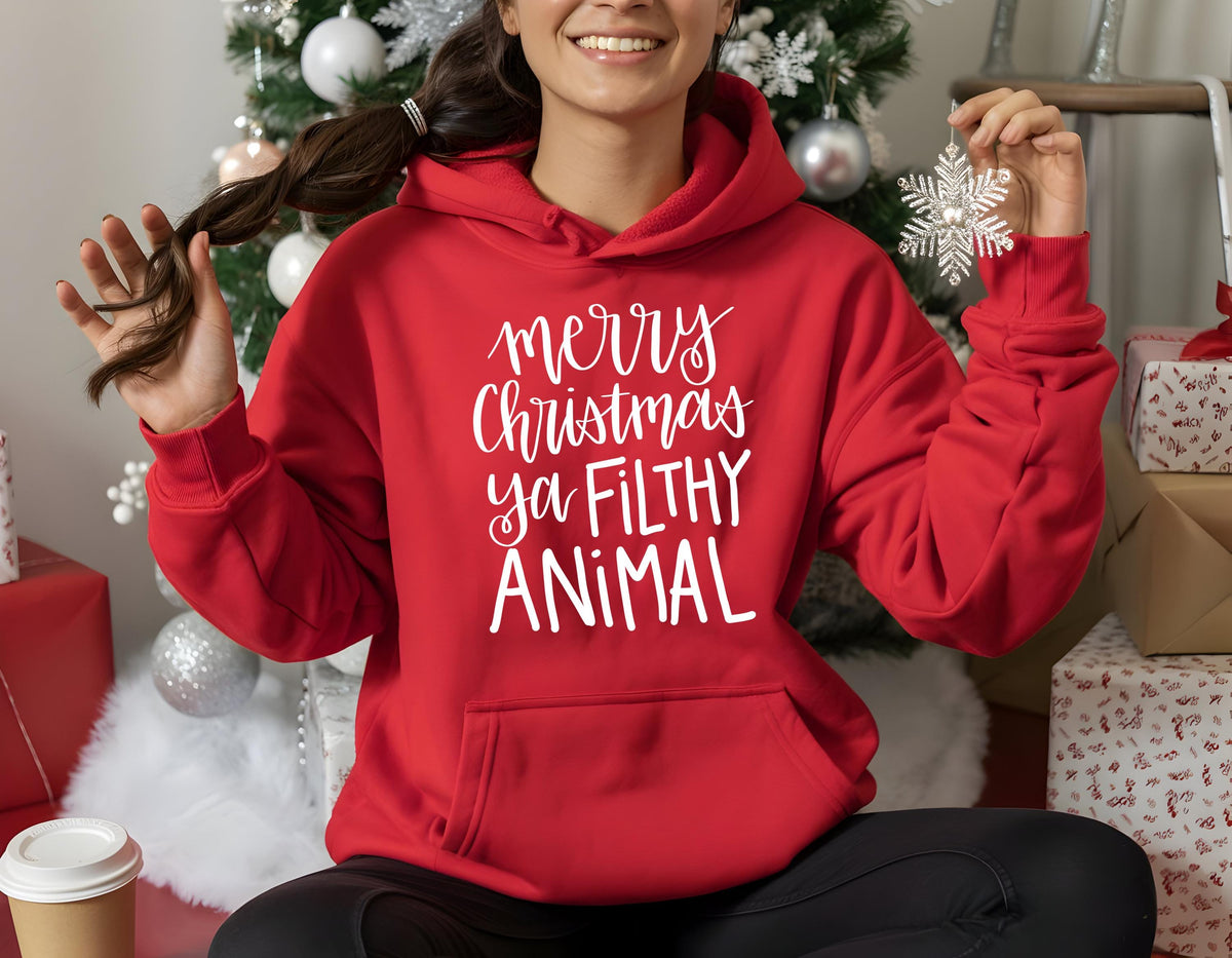 Merry Christmas You Filthy Animal Hoodie: Gildan Heavyweight, Fast UK Tracked Post