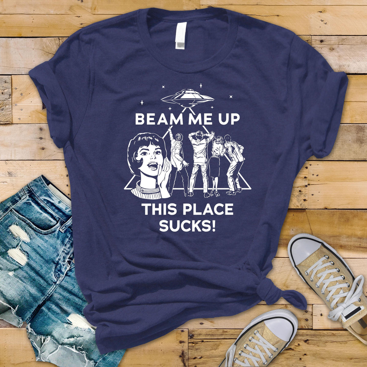 TV Parody T-Shirt : Beam Me Up this place sucks Design, Gildan Softstyle
