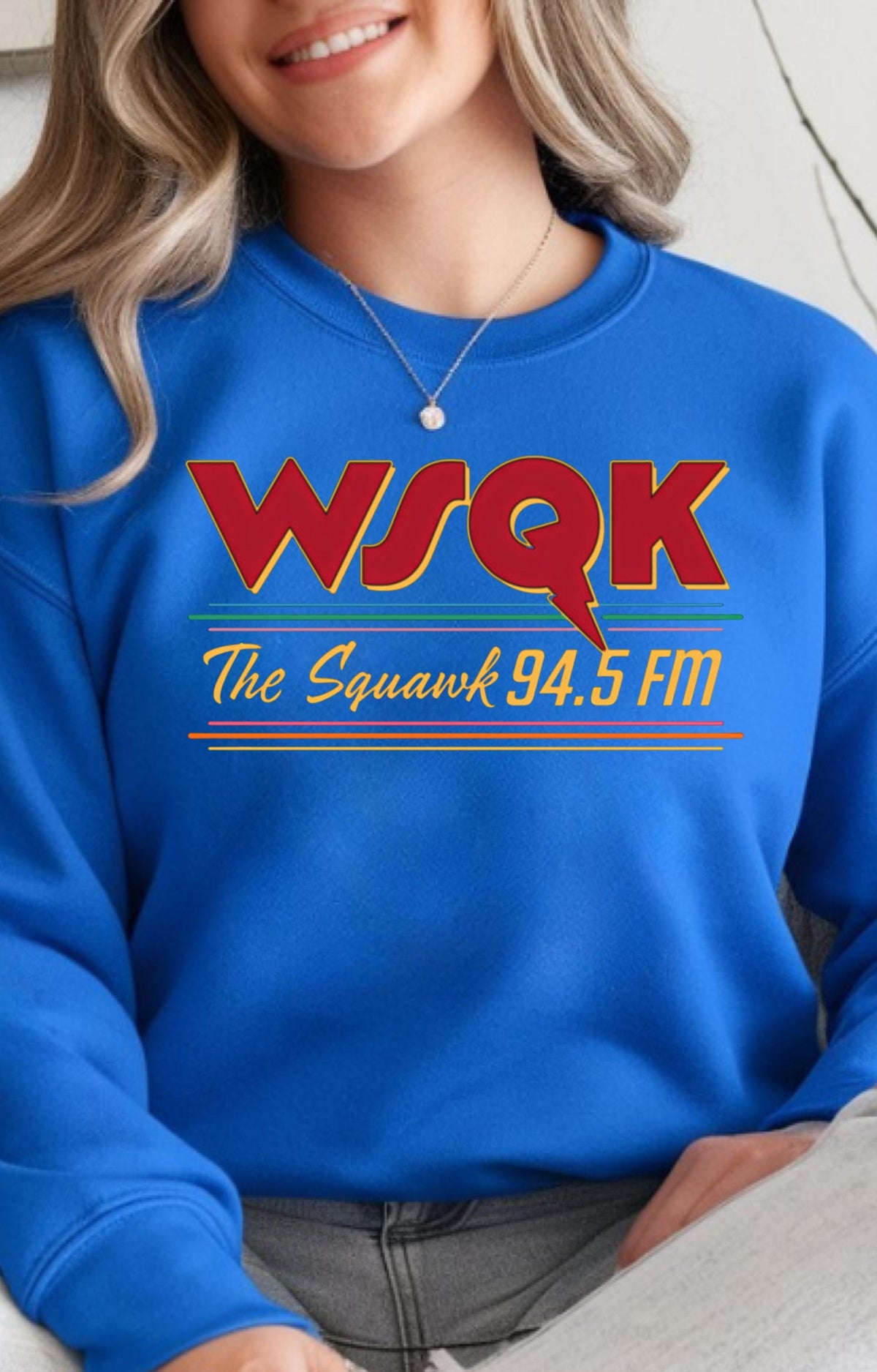TV Parody Sweatshirt: WSQK The Squark Red Logo Royal Blue Design, Gildan Heavyweight
