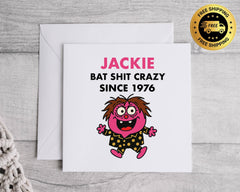 Personalised 50th Birthday Card for Women – Bat Shit Crazy Design with Custom Name