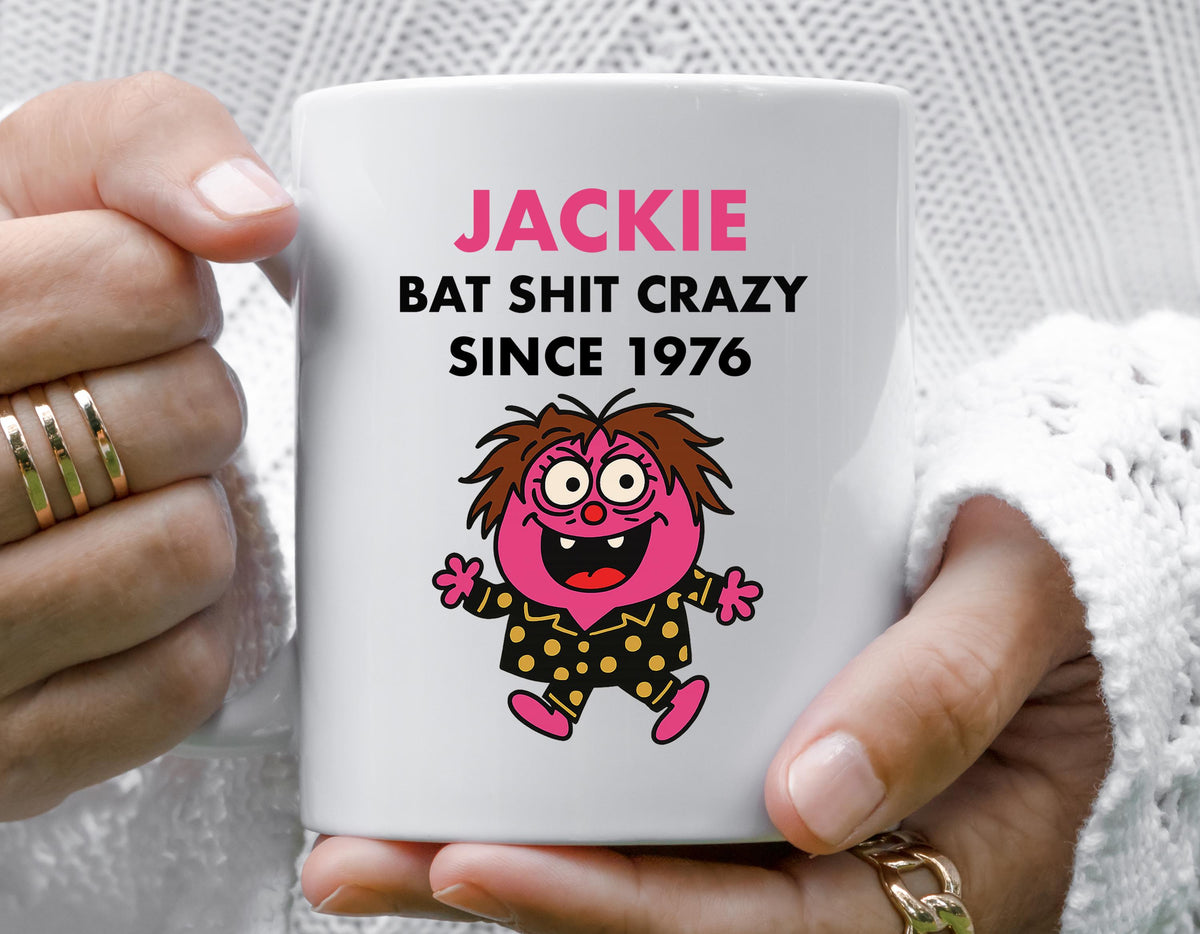 Personalised 50th Birthday Mug for Women – Bat Shit Crazy Design with Custom Name – Multiple Colours Available